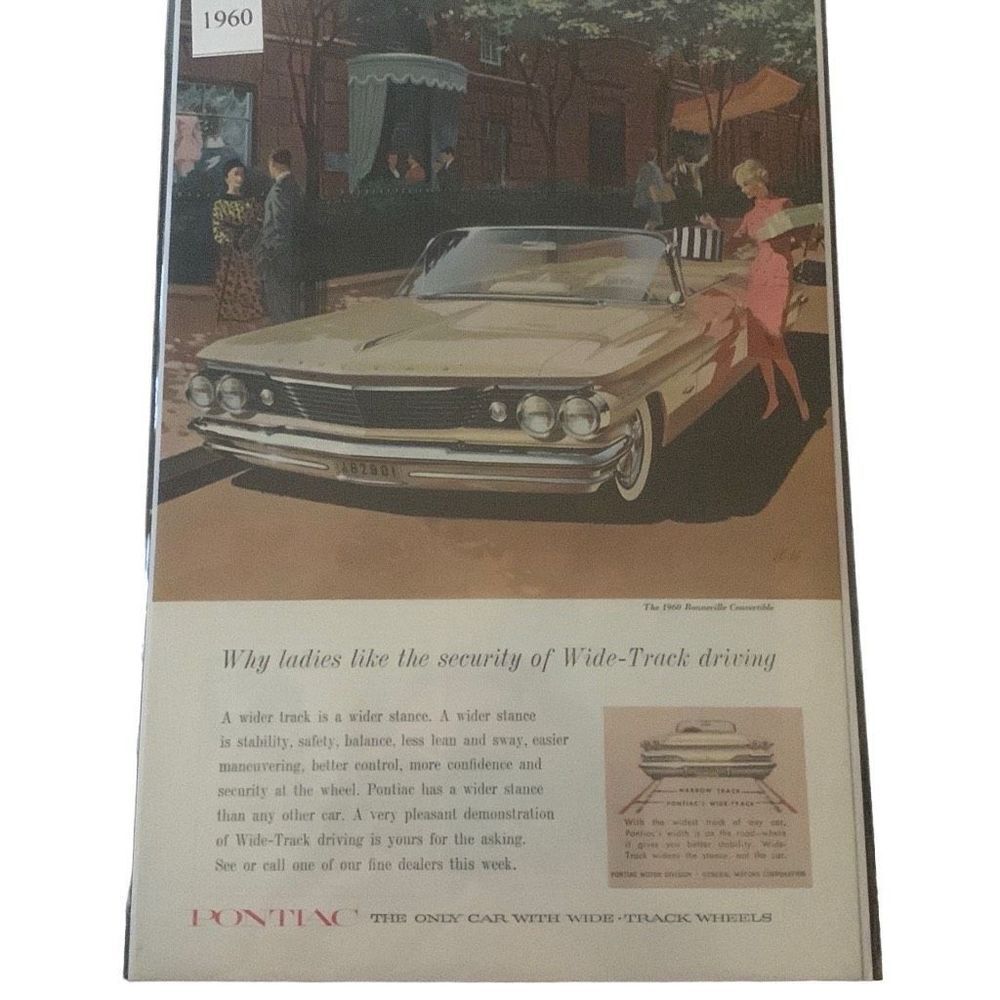 Vintage 1960 Pontiac Ladies Like the Security of Wide Track Ad Advertisement